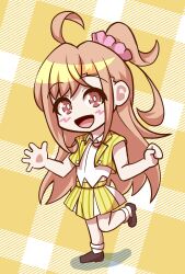  1girl absurdres ahoge blush brown_shoes hair_ornament highres ikizulive!_love_live!_bluebird jacket loafers long_hair love_live! orange_eyes orange_hair pinstripe_pattern pinstripe_skirt pleated_skirt shirt shoes sivematsu skirt socks takahashi_polka white_shirt white_socks yellow_jacket yellow_skirt 