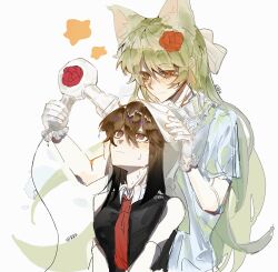  2girls akame_(akame_ga_kill!) akame_ga_kill! animal_ears artist_self-insert blush brown_hair closed_mouth drying drying_another's_hair drying_hair eyelashes gloves hair_between_eyes hair_dryer highres holding holding_hair_dryer implied_yuri long_hair meijiu42880 multiple_girls necktie oc_x_canon original red_eyes red_necktie star_(symbol) very_long_hair wet wet_hair white_background white_gloves 