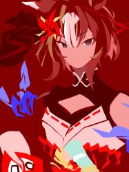  1girl animal_ears artist_name blue_ribbon closed_eyes closed_mouth echoo hair_ornament highres horse_ears horse_girl impressionism looking_at_viewer red_background ribbon short_hair solo umamusume yaeno_muteki_(attack_of_the_four_white_meteors)_(umamusume) yaeno_muteki_(umamusume) 