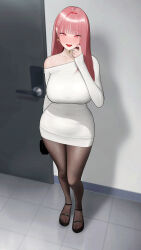  1girl absurdres arm_behind_back bag black_bag black_pantyhose blunt_bangs blush breasts commentary_request door doorway dress earrings feet fine_fabric_emphasis full_body gonggong_ill hair_intakes handbag heart heart_earrings highres holding holding_bag indoors jewelry korean_commentary large_breasts legs long_hair long_sleeves looking_at_viewer nail_polish off_shoulder open_mouth original pantyhose pencil_dress pink_eyes pink_hair pink_nails sandals shadow short_dress single_bare_shoulder sleeves_past_wrists smile solo standing sweater sweater_dress taut_clothes taut_dress teeth thighs tile_floor tiles toenail_polish toenails toes upper_teeth_only white_dress white_sweater 