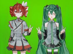  2girls :d ^_^ ahoge aqua_hair black_skirt black_sleeves blush bow buttons closed_eyes commentary cowboy_shot detached_sleeves double-breasted double_v drill_hair english_commentary green_background grey_jacket grey_shirt grey_skirt hair_bow hair_ribbon hands_up hatsune_miku highres jacket jitome kasane_teto kasane_teto_(sv) long_hair looking_at_viewer multiple_girls musical_staff musical_staff_print pleated_skirt red_eyes red_hair red_trim ribbon shirt simple_background sketch skirt sleeveless sleeveless_shirt smile standing straight-on synthesizer_v twin_drills twintails usagifuku v very_long_hair vocaloid white_bow white_ribbon 