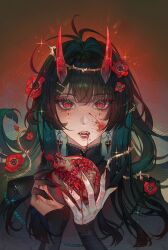  1girl ahoge black_dress black_hair black_sleeves blood blood_from_mouth blood_on_face diamond_(shape) diamond_facial_mark dress earrings facial_mark fingernails flower food fruit hair_ornament hairclip highres holding holding_food holding_fruit horns jewelry long_fingernails long_hair long_sleeves mark_under_both_eyes necklace original pearl_body_chain pearl_necklace pomegranate red_eyes red_flower red_horns red_lips saii0narry solo teeth thorns 