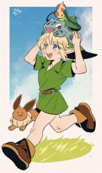  1boy :q belt blonde_hair blue_eyes blue_sky border brown_shoes bulbasaur clouds commentary_request crossover eevee fang grass green_hat green_tunic hat link male_focus on_head open_mouth outdoors outside_border plant pointy_ears pokemon pokemon_(creature) pokemon_on_head rani_grb red_eyes running shoes short_hair signature sky smile solid_circle_eyes the_legend_of_zelda the_legend_of_zelda:_ocarina_of_time tongue tongue_out tunic vines watermark watermark_grid white_border young_link 