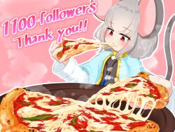  1girl :3 animal_ears blue_capelet blue_gem bob_cut capelet dual_wielding eating food food_focus gem gold_trim grey_hair grey_vest highres holding holding_food holding_pizza jewelry long_sleeves looking_at_object looking_down medium_hair milestone_celebration mouse_ears mouse_girl mouse_tail nazrin nazrin50851823 outline pendant pink_background pizza red_eyes shirt solo steam steaming_food tail thank_you touhou upper_body v-neck vest white_outline white_shirt white_sleeves 