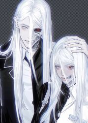  1boy 1girl absolute_batman absolute_dc bags_under_eyes batman_(series) black_jacket black_necktie black_shirt bloom closed_mouth collared_shirt colored_sclera commentary dc_comics dual_persona expressionless genderswap grey_background grid_background hair_behind_ear hair_between_eyes hand_on_another's_head head_tilt heterochromia highres jacket jewelry lapels long_hair looking_at_viewer mismatched_sclera multicolored_jacket necklace necktie notched_lapels open_clothes open_jacket pale_skin red_eyes red_sclera sanpaku shirt split_theme straight_hair suit svn777svn tsurime two-face two-face_(absolute_dc) two-tone_jacket two-tone_shirt upper_body white_eyes white_hair white_jacket white_shirt wing_collar 