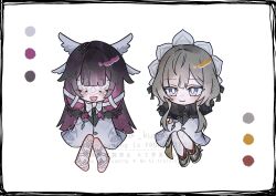 2girls absurdres black_hair blue_eyes blush bonnet bow bowtie brown_hair closed_eyes closed_mouth coat columbina_(genshin_impact) dress english_commentary eye_mask fatui_coat fatui_logo fur-trimmed_coat fur-trimmed_hood fur_hood fur_trim genshin_impact gradient_hair hair_ornament hair_ribbon head_wings headdress highres hood kurage_67 leg_ribbon long_hair long_sidelocks mask multicolored_hair multiple_girls multiple_wings open_mouth pantyhose purple_hair purple_streaks ribbon sandrone_(genshin_impact) see-through_clothes see-through_mask short_hair short_hair_with_long_locks sidelocks simple_background smile streaked_hair two-tone_hair white_background white_coat white_headdress white_mask white_wings wing_hair_ornament wings winter_clothes winter_coat x-shaped_eyewear 