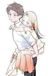  1boy 1girl arm_strap arms_around_another's_back back_slit barefoot biting_another's_clothes black_pants blush blush_stickers braid brown_hair carrying carrying_person colored_eyebrows colored_eyelashes covered_mouth dress earrings flipped_hair frilled_dress frills gakuen_idolmaster gradient_hair hair_ribbon height_difference holding_another's_thighs holding_own_wrist idolmaster jewelry long_dress long_hair multicolored_hair nekommokuwan orange_eyes pale_skin pants parted_bangs piggyback producer_(idolmaster) ribbon ribbon_braid shinosawa_hiro shirt short_bangs short_hair single_braid spaghetti_strap striped_clothes striped_shirt sweatdrop tassel vertical-striped_clothes vertical-striped_shirt white_background white_dress white_hair white_shirt wing_collar wristband 