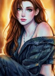  1girl aerith_gainsborough alternate_costume black_jacket brown_hair closed_mouth cropped_jacket earrings final_fantasy final_fantasy_vii green_eyes jacket jacket_partially_removed jewelry long_hair looking_at_viewer midriff monsterbf1ilove necklace orange_background parted_bangs pink_lips single_bare_shoulder single_sidelock solo star_(symbol) star_necklace stud_earrings twitter_username upper_body 