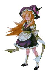  absurdres apron arms_behind_back back_bow bespectacled bingkuaihei black_apron black_hat black_shoes black_skirt black_vest blonde_hair bow commentary frilled_apron frilled_skirt frills full_body glasses hat highres kirisame_marisa kneehighs long_hair looking_at_viewer puffy_short_sleeves puffy_sleeves rectangular_eyewear semi-rimless_eyewear shirt shoes short_sleeves simple_background skirt socks standing touhou under-rim_eyewear vest white_background white_bow white_shirt white_socks witch_hat yellow_eyes 