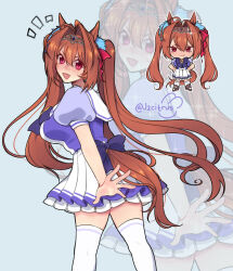  1girl animal_ears bow breasts brown_hair brown_sandals chibi chibi_inset daiwa_scarlet_(umamusume) english_commentary fang from_side hair_between_eyes hair_intakes hair_ribbon hands_on_own_hips highres horse_ears horse_girl horse_tail j2citrus large_breasts long_hair looking_at_viewer open_mouth outline pleated_skirt puffy_short_sleeves puffy_sleeves purple_bow purple_shirt red_eyes red_ribbon ribbon sandals shirt short_sleeves skirt sparkle tail thigh-highs tiara twintails twitter_username umamusume very_long_hair white_outline white_skirt white_thighhighs zoom_layer 