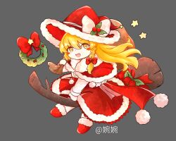  1girl alternate_costume bow braid broom broom_riding capelet chinese_commentary christmas commentary_request deformed dress full_body fur-trimmed_capelet fur-trimmed_headwear fur_trim grey_background hair_bow hat hat_bow highres holding holding_sack kirisame_marisa looking_at_viewer mittens open_mouth red_bow red_capelet red_dress red_hat sack side_braid simple_background single_braid smile solo touhou white_bow white_mittens witch_hat wu_yu_wanwan yellow_eyes 