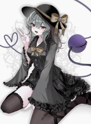  1girl alternate_color black_hat black_shoes bow bowtie breasts brown_thighhighs buttons commentary diamond_button eyeball fingernails floral_print frilled_shirt_collar frilled_skirt frilled_sleeves frills green_eyes green_hair green_nails green_shirt green_skirt hat hat_bow heart heart_of_string highres komeiji_koishi long_fingernails long_hair long_sleeves medium_breasts open_mouth print_skirt rose_print sharp_fingernails shirt shoes sitting skirt smile solo thigh-highs third_eye tomura_amane touhou v wariza wide_sleeves yellow_bow yellow_bowtie 