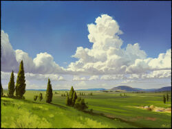  absurdres blue_sky bush clouds commentary dated day english_commentary field gradient_sky grass grasslands highres hill landscape mountainous_horizon no_humans original outdoors painterly painting_(medium) philipp_urlich scenery sky sunlight traditional_media tree white_sky 