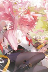  1girl :q absurdres animal_ears black_boots black_choker black_pantyhose black_skirt boots bow bowtie cherry_blossom_print cherry_blossoms chinese_commentary choker commentary_request evanescia_(honkai:_star_rail) floral_print flower fox fox_ears fox_girl gloves hair_between_eyes hair_bow hair_flower hair_ornament hat highres honkai:_star_rail honkai_(series) jacket lao_qin_xiang_chifan looking_at_viewer lying on_side pantyhose pink_hair pleated_skirt red_bow red_bowtie shirt short_hair_with_long_locks skirt solo tongue tongue_out unworn_hat unworn_headwear violet_eyes white_gloves white_jacket white_shirt 