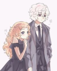  1boy 1girl age_difference babykatafan bare_shoulders black_dress black_necktie black_pants black_shirt clothing_cutout coat collared_shirt commentary_request crossed_bangs dress gnosia grey_coat grey_eyes hair_between_eyes hand_up highres kukrushka_(gnosia) long_hair long_sleeves messy_hair necktie pants remnan_(gnosia) shirt short_bangs short_hair shoulder_cutout simple_background sketch top/bottom_dynamic_annotated violet_eyes wavy_hair white_background white_hair 