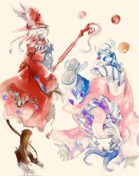  1girl 1other armor ascot blue_ascot boots brown_boots burmecian clawed_feet claws coat commentary_request final_fantasy final_fantasy_ix freya_crescent full_body grey_hair hair_between_eyes helmet highres holding holding_polearm holding_weapon long_coat long_hair mouse_girl mouse_tail open-toe_boots painting_(medium) pink_coat polearm quina_quen red_coat red_helmet ribbon shoulder_armor skirt sososohran tail tail_ornament tail_ribbon tongue tongue_out traditional_media upside-down watercolor_(medium) weapon white_background white_skirt winged_helmet 