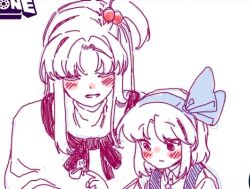  2girls alice_margatroid alice_margatroid_(pc-98) blue_hairband blush bow capelet commentary_request dress gartic_phone gartic_phone_(medium) hair_bobbles hair_bow hair_ornament hair_ribbon hairband korean_commentary long_hair lovelobten multiple_girls one_side_up open_mouth ribbon shinki_(touhou) shirt short_hair sketch smile suspenders touhou touhou_(pc-98) white_background 