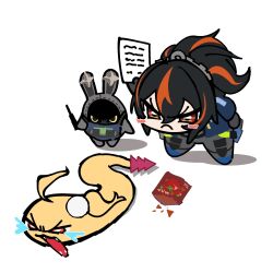  2girls ahoge angry black_hair black_pants chibi cissia_(zenless_zone_zero) commentary frown highres holding holding_paper multicolored_hair multiple_girls pants paper police police_uniform policewoman ponytail red_eyes red_hair securityboo_(zenless_zone_zero) streaked_hair tearing_up umashika_(horsedeer) untranslatable_commentary white_background yellow_snake zenless_zone_zero zhu_yuan 