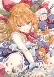  2girls ball_and_chain_restraint bow brown_horns chain clone commentary_request debris gourd grin hair_bow highres holding holding_gourd horn_ornament horn_ribbon horns ibuki_suika kisarush long_hair looking_at_viewer mini_person minigirl multiple_girls oni orange_hair painting_(medium) pink_eyes purple_skirt red_bow ribbon ribbon-trimmed_skirt ribbon_trim shirt skirt smile touhou traditional_media watercolor_(medium) watermark white_shirt 