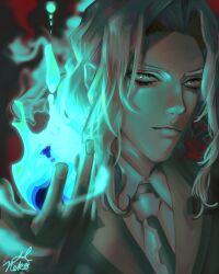  1boy absurdres blue_fire closed_mouth commentary_request eyelashes fingernails fire grey_hair highres lips maau1jyun2 male_focus necktie pyrokinesis signature solo tiger_&amp;_bunny yuri_petrov 