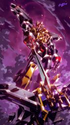  armor babamba black_gaine glowing glowing_eyes highres holding holding_sword holding_weapon horns mecha mecha_focus might_gaine no_humans red_eyes robot science_fiction super_robot sword weapon yuusha_series yuusha_tokkyuu_might_gaine 