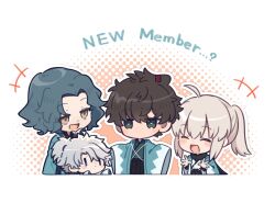  1girl 3boys ahoge aqua_haori black_eyes black_hakama black_kimono black_scarf blonde_hair blue_eyes brown_hair chibi chibi_only chuuko_anpu closed_eyes commentary english_text fate/grand_order fate_(series) green_kimono grey_hair hakama hand_on_own_chin haori highres japanese_clothes kimono miyamoto_iori_(fate) multiple_boys okita_souji_(fate) okita_souji_(koha-ace) okita_souji_(teal_haori_and_hakama)_(fate) ponytail saitou_hajime_(fate) saitou_hajime_(third_ascension)_(fate) scar scar_on_face scar_on_forehead scarf shinsengumi_(fate) short_ponytail sidelocks topknot toudou_heisuke_(fate) toudou_heisuke_(third_ascension)_(fate) wavy_hair white_hair white_kimono yellow_eyes 