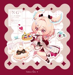  >_< 1girl artist_name bare_shoulders berry black_necktie black_shoes blue_wings blush chef_hat chibi chibi_only coat commentary_request dress food genshin_impact hair_between_eyes hair_intakes hair_ornament hairclip hat head_wings heart heart_in_eye highres holding holding_whisk hoshiusagi_no_chloe linnea_(genshin_impact) long_sleeves lumi_(genshin_impact) medium_hair moonglow_firefly_(genshin_impact) necktie open_mouth pink_eyes pink_hair pink_skirt pink_wings plate pointy_ears red_background red_dress shoes signature skirt smile symbol_in_eye tart_(food) thighs whisk white_background white_coat wing_hair_ornament wings 