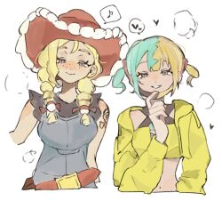  2girls aqua_hair arm_tattoo bandeau belt black_mask blonde_hair blue_eyes blue_overalls blush braid breasts canari_(pokemon) chamopichamo commentary_request cowboy_hat criss-cross_straps cropped_torso dark-skinned_female dark_skin denim denim_overalls farmer freckles gloves half-closed_eyes hat jacket kitt_(pokemon) mask mask_pull medium_breasts mega_stone mouth_mask multicolored_hair multiple_girls overall_shorts overalls pokemon pokemon_champions pokemon_legends:_z-a red_belt red_hat short_twintails split-color_hair tattoo twin_braids twintails two-tone_mask white_gloves yellow_bandeau yellow_jacket yellow_mask 