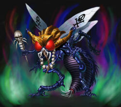  1boy abdomen_tail arthropod_boy beelzebub_(megami_tensei) clawed_feet clawed_hands commentary_request compound_eyes demon devil_summoner:_soul_hackers devil_summoner_(series) extra_arms full_body highres holding holding_scepter holding_weapon insect_wings jewelry looking_at_viewer mandibles megami_tensei multiple_wings necklace partial_commentary proboscis psychedelic red_eyes scepter skull skull_and_crossbones skull_necklace standing tiger_stripes weapon wings yuki-ichigo 