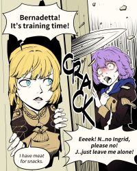  2girls bernadetta_von_varley blonde_hair blush broken_door commentary door english_commentary english_text fire_emblem fire_emblem:_three_houses garreg_mach_monastery_uniform green_eyes gwangc here's_johnny!_(meme) highres ingrid_brandl_galatea long_sleeves looking_to_the_side meme multiple_girls parody purple_hair scared short_hair speech_bubble sword the_shining weapon 