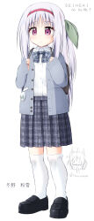  1girl artist_logo bag black_shoes blazer blue_bow blue_bowtie blue_skirt blush bow bowtie check_commentary check_translation closed_mouth collared_shirt commentary_request dot_mouth dot_nose full_body green_ribbon grey_vest hair_ribbon hairband highres jacket kneehighs loafers logo long_hair one_side_up open_clothes open_vest original parted_lips plaid_bow plaid_bowtie plaid_clothes plaid_skirt pleated_skirt red_hairband ri-net ribbon school_bag school_uniform shirt shoes simple_background skirt socks solo standing translation_request twitter_username vest violet_eyes white_background white_hair white_shirt white_socks 