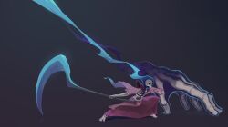  1girl blue_eyes blue_fire cloak dynamic_pose fire flaming_head flaming_skull full_body giant_hand highres holding holding_scythe holding_weapon long_sleeves loswiner osty_(slay_the_spire) purple_robe robe scythe skeletal_hand skeleton skull slay_the_spire slay_the_spire_2 sovereign_blade the_necrobinder_(slay_the_spire) weapon 