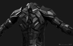  3d armor armored_bodysuit commentary company_logo company_name copyright_logo copyright_name dark_background dated english_commentary eve_online from_behind grey_background greyscale highres logo maya_(medium) monochrome no_humans official_art realistic science_fiction simple_background undoz upper_body zbrush_(medium) 