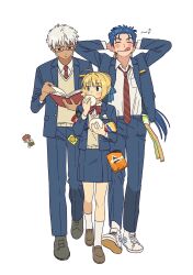  1girl 2boys ahoge archer_(fate) artoria_pendragon_(fate) blazer blonde_hair blue_hair blue_jacket blue_pants blue_ribbon blue_skirt book bow bowtie braid brown_shoes bun_with_braided_base closed_eyes collared_shirt crying cu_chulainn_(fate) cu_chulainn_(lancer)_(fate) dark-skinned_male dark_skin doritos earrings eating emiya_shirou fate/stay_night fate_(series) food food_on_face full_body glasses green_eyes grey_shoes hair_bun hair_ribbon highres holding holding_book holding_food jacket jewelry loafers long_hair long_sleeves loose_necktie multiple_boys musical_note myhellody necktie pants ponytail reading red_bow red_bowtie red_hair red_necktie ribbon saber_(fate) school_uniform shirt shoes sidelocks simple_background skirt smile snack sneakers socks steamed_bun tongue tongue_out unbuttoned_jacket vest white_background white_hair white_shoes white_socks winter_uniform yellow_vest 