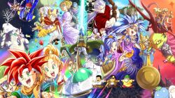  6+boys 6+girls absurdres adjusting_clothes adjusting_gloves aqua_eyes ayla_(chrono_trigger) azala bald balloon bandeau bare_shoulders baseball_cap bell belthasar blonde_hair blue_boots blue_coat blue_hair blue_hat blue_skin blue_tunic blunt_bangs blunt_ends boots bowler_hat braid braided_ponytail brown_coat brown_gloves brown_hat brown_jacket brown_pants cat caveman cavewoman chancellor_(chrono_trigger) chasing chibi chibi_inset chrono_trigger cloak coat collared_shirt colored_skin commentary_request creature crono's_mother crono_(chrono_trigger) cross-shaped_pupils crown crying cyrus_(chrono_trigger) dalton_(chrono_trigger) dinosaur dress earrings elbow_gloves epoch everyone evil_smile eyepatch flea_(chrono_trigger) floating_island flower frog_boy fur_bandeau fur_boots fur_skirt fur_wrist_cuffs gaspar_(chrono_trigger) glasses glenn_(chrono_trigger) gloves gold_earrings green_cloak green_eyes green_hair green_hat green_shirt green_skin grey_bandeau grey_boots grey_hair gvdygdu hair_slicked_back hat headband headset helmet highres holding holding_jewelry holding_necklace holding_spatula holding_sword holding_weapon horii_yuuji horizontal_pupils jacket janus_zeal jewelry johnny_(chrono_trigger) kilwala king king_guardia_xxxiii kino_(chrono_trigger) lavos_(chrono_trigger) long_hair low_ponytail magus_(chrono_trigger) marle_(chrono_trigger) mask melchior_(chrono_trigger) mouth_mask multiple_boys multiple_girls neckerchief necklace nose_bubble nu_(chrono_trigger) open_mouth orange_neckerchief outstretched_arm outstretched_hand ozzie_(chrono_trigger) pants parted_bangs parted_lips plant pointy_ears ponytail popped_collar prince princess puffy_short_sleeves puffy_sleeves purple_cloak purple_dress purple_gloves purple_hair purple_robe queen_leene queen_zeal racing red_cloak red_eyes red_flower red_hair red_shorts reptile_girl riding riding_animal robe robo_(chrono_trigger) robot running sakaguchi_hironobu schala_zeal shirt short_hair short_ponytail short_sleeves shorts single_braid slash_(chrono_trigger) slit_pupils smile spacecraft spatula spiky_hair sunglasses surgical_mask sword symbol-shaped_pupils t-shirt tooth_earrings toriyama_akira_(character) toriyama_akira_(style) tree tunic updo vines water waterfall waving weapon white_gloves white_headband white_pants white_shirt widow's_peak wrist_cuffs yellow_dress yellow_eyes yellow_neckerchief yellow_scales yellow_shirt 