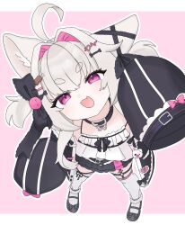  1girl abc_d3fg ahoge animal_ear_fluff animal_ears black_collar collar dog_ears dog_girl fang flat_chest hair_intakes hair_ornament highres light_blush looking_at_viewer looking_up medium_hair nanako_niku pale_skin pink_background second-party_source skin_fang solo stellarversepro thigh-highs two-tone_background violet_eyes white_background white_hair white_thighhighs 