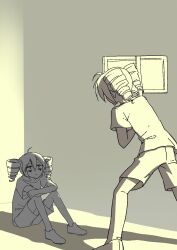  2girls ahoge ateliermineru bags_under_eyes commentary_request drill_hair hair_between_eyes highres holding holding_sign hugging_own_legs kasane_teto liar_dancer_(synthesizer_v) looking_at_another medium_hair monochrome multiple_girls shadow shirt shorts sign sitting synthesizer_v twin_drills utau 