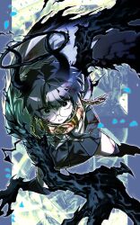  1girl black_cape black_claws black_eyes black_hair black_halo black_hands black_horns black_necktie black_skirt black_tail black_thighhighs blood blood_on_clothes blood_on_leg blue_petals border broken broken_chain cape chain claws collar collared_shirt colored_extremities commentary cuffs-to-collar demon_horns demon_tail e.g.o_(project_moon) ehdbs1198 glasses gold_chain gold_collar halo highres horns limbus_company looking_at_viewer metal_collar necktie outside_border oversized_forearms oversized_limbs petals pillarboxed pleated_skirt procuration_(e.g.o) project_moon round_eyewear shin_(project_moon) shirt short_hair skirt sora_(project_moon) tail talons thigh-highs white_shirt yellow_aura 