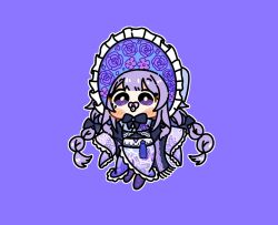  1girl alicemuyuki animal_print black_boots black_bow black_bowtie black_shawl blue_bonnet blush_stickers bonnet boots bow bowtie braid braided_twintails bright_pupils butterfly_print butterfly_print_kimono center-flap_bangs chibi chibi_only commentary double-parted_bangs flower frilled_kimono frilled_sleeves frills full_body furisode hair_flaps highres hololive hololive_english japanese_clothes jewel_under_eye kimono koseki_bijou koseki_bijou_(new_year) lace-up_boots long_hair official_alternate_hairstyle outline pacifier print_kimono purple_background purple_flower purple_hair purple_kimono purple_rose raised_eyebrows rose shawl simple_background sleeves_past_fingers sleeves_past_wrists solo twin_braids very_long_hair violet_eyes virtual_youtuber white_outline white_pupils wide_sleeves 