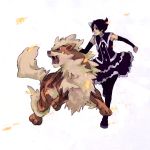  1girl arcanine black_hair black_legwear bow gothic_lolita hair_bow lolita_fashion mai_(pokemon) pantyhose pokemon pokemon_(creature) pokemon_(game) pokemon_dppt running simple_background taoru_(t_kiji) white_background 