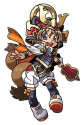  1girl ankle_boots armor black_armor black_thighhighs boots bow bow_legwear brown_hair brown_tail capelet gold_trim gunbai hair_between_eyes hand_fan harakawa_mitsuhiro helmet holding holding_fan ichihime_moegi japanese_armor kabuto_(helmet) looking_at_viewer official_art open_mouth orange_bow raccoon_girl raccoon_tail shinrabanshou short_hair shorts solo tail teeth thigh-highs third-party_source transparent_background upper_teeth_only violet_eyes war_fan white_boots white_shorts wristband 