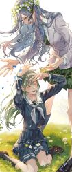  2girls bang_dream! bang_dream!_it's_mygo!!!!! black_socks blue_hair blue_shirt blue_skirt brown_shoes commentary_request commission flower_wreath grass green_hair green_necktie green_skirt grey_jacket grey_neckerchief hair_ribbon haneoka_school_uniform highres jacket long_hair multiple_girls neckerchief necktie pleated_skirt ribbon school_uniform shirt shoes shuu-0208 sitting skeb_commission skirt socks standing togawa_sakiko tsukinomori_school_uniform violet_eyes wakaba_mutsumi wariza 