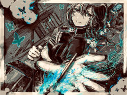  1girl alter_ego_(game) arm_up ascot black_ascot black_butterfly black_eyes black_hair black_jacket black_sash blue_fire book bookshelf breasts bug burning burning_photo burnt butterfly collared_jacket es_(alter_ego) fire flower gloves hair_flower hair_ornament jacket lying matches medium_hair open_mouth outstretched_arm outstretched_hand partially_colored photo_(object) reaching reaching_towards_viewer sash shirt small_breasts smile solo solo_focus tsundoku undershirt white_gloves white_shirt 