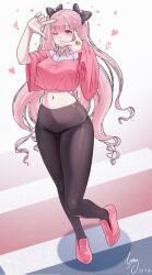  black_pants commentary_request dynamic_pose fang hair_ribbon heart highres honey_churros jacket korean_commentary leg_up long_hair navel nyang_(nya_aaang) one_eye_closed oversized_clothes oversized_shirt pants pink_eyes pink_hair pink_jacket pink_nails project_[i] ribbon road seductive_smile shirt skirt smile tight_clothes tight_pants twintails white_background white_skirt yoga_pants 