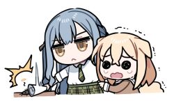  2girls animal_ears bang_dream! bang_dream!_it's_mygo!!!!! blonde_hair blue_hair bug chibi chibi_only clipe commentary_request dog_ears dog_girl dog_tail green_skirt hanasakigawa_school_uniform haneoka_school_uniform kemonomimi_mode long_hair medium_hair misumi_uika multiple_girls scared school_uniform shirt sidelocks simple_background skirt tail togawa_sakiko white_background white_shirt yellow_eyes 