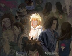  artist_name blonde_hair highres jacket kokodrawings multiple_persona namikaze_minato naruto_(series) signature solo_focus spiky_hair surrounded too_many twitter_username white_jacket 