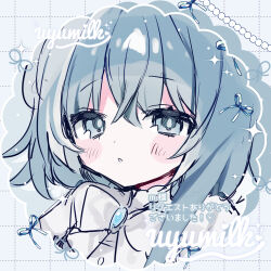  1girl blue_hair blue_ribbon blush_stickers bow bowtie brooch commentary commission crossed_bangs dress hair_between_eyes hair_ribbon highres jewelry long_hair looking_at_viewer original parted_lips portrait ribbon satou_uyu signature skeb_commission solo sparkle white_bow white_bowtie white_dress 