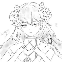  1girl arknights artist_name closed_mouth dragon_girl dragon_horns ear_piercing earclip earrings greyscale hair_between_eyes highres horns jacket jewelry long_hair looking_at_viewer mahoraga_(artist) monochrome piercing saria_(arknights) signature simple_background sketch solo stud_earrings upper_body white_background 