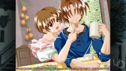  1boy 1girl 1nd_protagonist 2000s_(style) :d :t anime_coloring apron atelier-moo breasts brown_eyes brown_hair closed_mouth collarbone couple cup eating faceless faceless_male feeding food fork game_cg holding holding_cup holding_fork indoors long_sleeves medium_breasts non-web_source official_art on_food open_mouth parted_hair patty_sole puffy_short_sleeves puffy_sleeves shirt short_hair short_sleeves sleeves_pushed_up smile table upper_body yuukyuu_gensoukyoku 