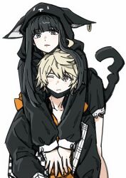  1boy 1girl animal_ear_hood arm_around_shoulder black_hair black_hood blonde_hair collarbone commentary dot_nose fake_tail grey_eyes highres hood ikooto111 kanade_rindo long_hair mask mouth_mask one_eye_closed red_lips sakurane_shoka shin_subarashiki_kono_sekai simple_background spiky_hair subarashiki_kono_sekai tail white_background 